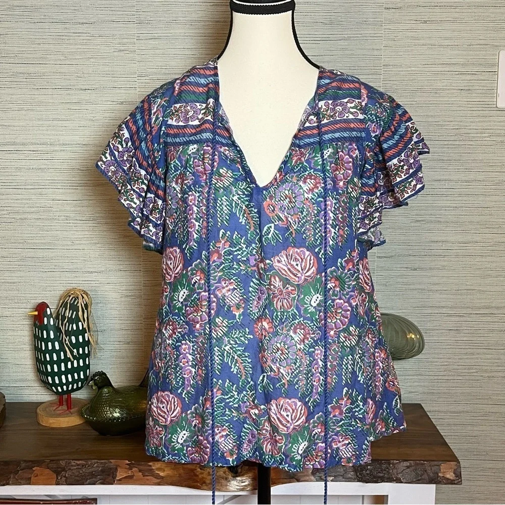 Love The Label Floral Peasant Ruffle Sleeve V-neck Blouse Womens Size Medium - Picture 3 of 10
